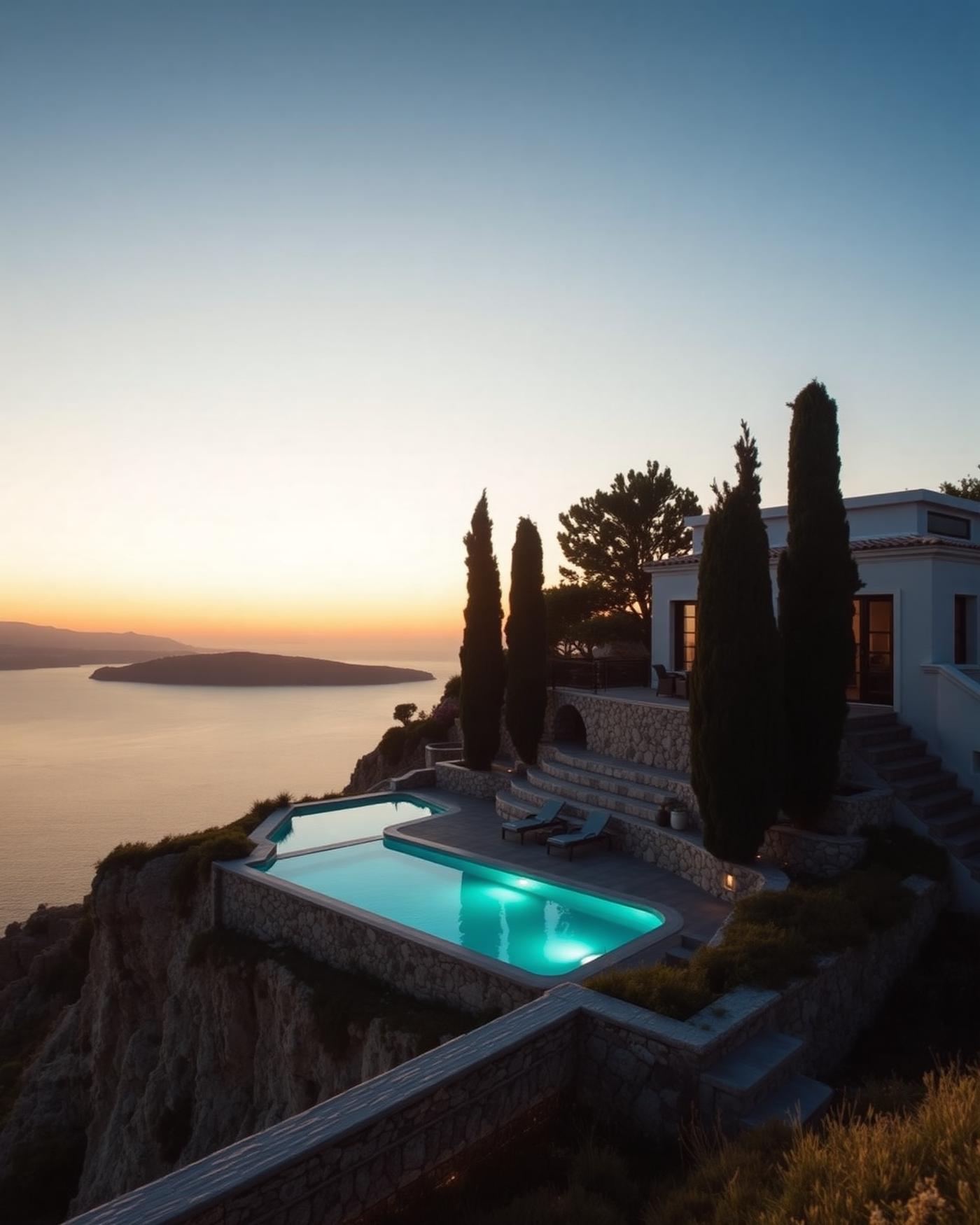 Cliffside villa at dusk